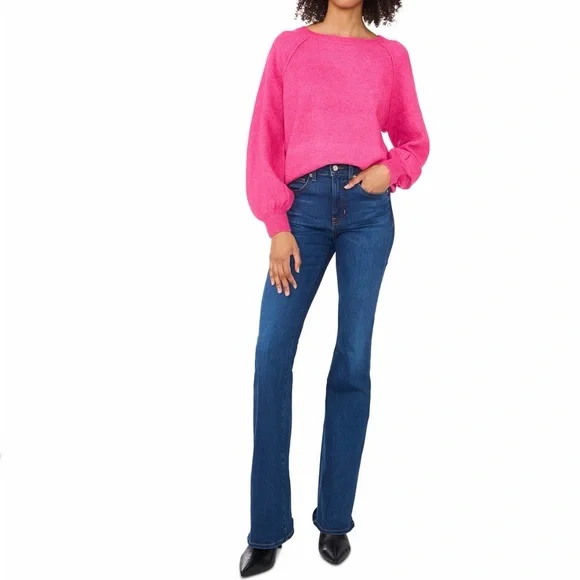 Vince Camuto Vibrant Tangerine Orange Crew Neck Sweater with Raglan Puff Sleeves - Picture 7 of 10